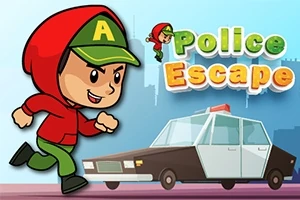 Iloinen hahmo punaisessa hupparissa juoksee poliisiauton edessä