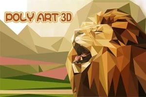 Monivärinen geometrinen leijona metsäisellä taustalla ja teksti Poly Art 3D vasemmassa yläkulmassa