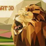 Monivärinen geometrinen leijona metsäisellä taustalla ja teksti Poly Art 3D vasemmassa yläkulmassa