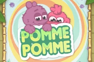 Kaksi värikästä, pörröistä hahmoa katsovat tekstin POMME POMME yli