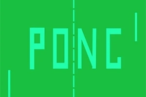 Pong Vihreällä taustalla keskellä sana PONG, kummallakin puolella kaksi pystysuoraa palkkia ja katkoviivalla erotettu keskiviiva
