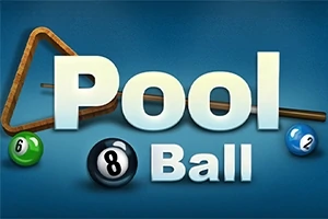 Biljardikepit, kolme biljardipalloa ja kolmio kehystävät tekstiä Pool Ball sinisellä taustalla