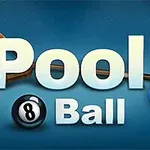 Biljardikepit, kolme biljardipalloa ja kolmio kehystävät tekstiä Pool Ball sinisellä taustalla