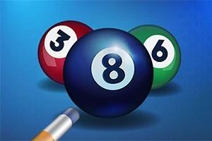 Kolme eriväristä biljardipalloa numeroilla 3, 8 ja 6 sekä biljardikeppi sinisellä taustalla