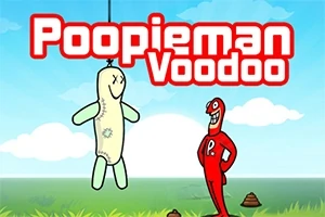 Punainen hahmo seisoo vihreällä niityllä poopedoll-nuken kanssa, joka roikkuu ilmassa hymyillen