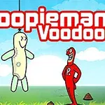 Punainen hahmo seisoo vihreällä niityllä poopedoll-nuken kanssa, joka roikkuu ilmassa hymyillen
