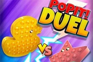Keltaisen ankan ja punaisen tähden muotoiset pop it -lelut vastakkain sinistä ja violettia taustaa vasten, sähköiset tehosteet ympärillä