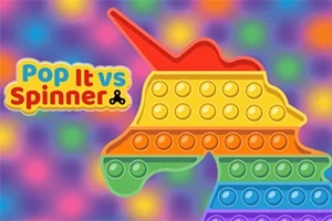 Monivärinen yksisarvisen muotoinen pop it -lelu värikkäällä taustalla, jossa lukee Pop It vs Spinner