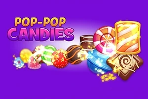 Kirkkaita ja värikkäitä karkkeja violetilla taustalla tekstin POP-POP CANDIES vieressä