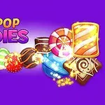 Kirkkaita ja värikkäitä karkkeja violetilla taustalla tekstin POP-POP CANDIES vieressä