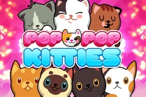 Söpöjä piirroshahmoisia kissoja vaaleanpunaisella taustalla kirjainyhdistelmien POP POP KITTIES kanssa