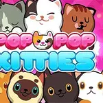 Söpöjä piirroshahmoisia kissoja vaaleanpunaisella taustalla kirjainyhdistelmien POP POP KITTIES kanssa