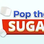 Teksti Pop the Sugar punaisella taustalla, ympärillä valkoisia kuutioita