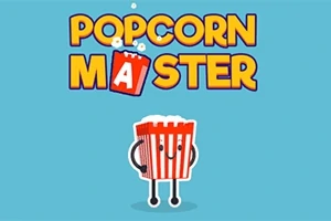 Teksti Popcorn Master ja piirretty punavalkoinen popcorn-kulho hymynaamalla vaaleansinisellä taustalla