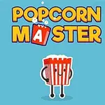 Teksti Popcorn Master ja piirretty punavalkoinen popcorn-kulho hymynaamalla vaaleansinisellä taustalla