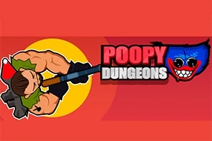 Piirros lihaksikkaasta hahmosta, jolla on ase, ja teksti POOPY DUNGEONS punaisella taustalla, vieressä sininen hymyilevä hahmo