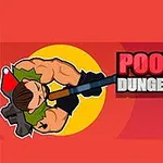 Piirros lihaksikkaasta hahmosta, jolla on ase, ja teksti POOPY DUNGEONS punaisella taustalla, vieressä sininen hymyilevä hahmo