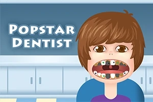 Sarjakuvamainen hahmo avaa suunsa paljastaen epätasaiset hampaat, taustalla näkyy teksti Popstar Dentist