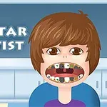 Sarjakuvamainen hahmo avaa suunsa paljastaen epätasaiset hampaat, taustalla näkyy teksti Popstar Dentist