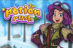 Hahmo violetilla hiuksilla ja lentäjänlasit päässä seisoo hymyillen talvisessa metsämaisemassa, taustalla teksti potion rush