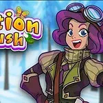 Hahmo violetilla hiuksilla ja lentäjänlasit päässä seisoo hymyillen talvisessa metsämaisemassa, taustalla teksti potion rush