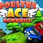 Punainen lintu ajaa sinistä autoa metsäisessä maisemassa tekstin Poultry Ace Downhill yläpuolella