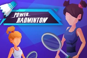 Kaksi vektorihahmoa pelaamassa sulkapalloa violettitaustaisessa kuvassa, jossa teksti Power Badminton