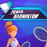 Kaksi vektorihahmoa pelaamassa sulkapalloa violettitaustaisessa kuvassa, jossa teksti Power Badminton