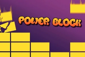 Keltaisia palikoita violetilla taustalla, keskellä oranssi teksti Power Block