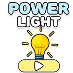 Hehkulamppu, jossa on säteitä ja alla toistopainike, sekä teksti POWER LIGHT