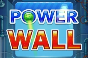 Teksti POWER WALL tyylikkäästi muotoiltuna, sinisellä ja punaisella, vihreän pallon vieressä