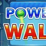 Teksti POWER WALL tyylikkäästi muotoiltuna, sinisellä ja punaisella, vihreän pallon vieressä