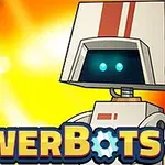 Kaksi piirrosrobottia kirkkaan keltaisella taustalla, alhaalla teksti PowerBots
