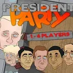Kuvassa on pilapiirroksia useista tunnetuista henkilöistä ja teksti 1-4 players, ympäristö on värikäs ja taustalla näkyy lipun osa
