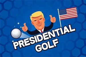 Piirroskuva presidentistä peukuttamassa golf-teeman keskellä, taustalla Yhdysvaltain lippu