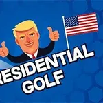 Piirroskuva presidentistä peukuttamassa golf-teeman keskellä, taustalla Yhdysvaltain lippu