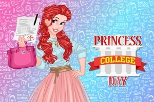 Punahiuksinen piirretty hahmo hymyilee ja pitelee papereita ja vaaleanpunaista laukkua värikkäällä taustalla, jossa lukee Princess College Day
