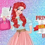 Punahiuksinen piirretty hahmo hymyilee ja pitelee papereita ja vaaleanpunaista laukkua värikkäällä taustalla, jossa lukee Princess College Day