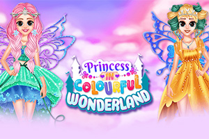Kaksi haltijaprinsessaa värikkäissä mekoissa seisovat edessä pilvistä taustaa, keskellä teksti Princess in Colourful Wonderland