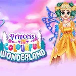 Kaksi haltijaprinsessaa värikkäissä mekoissa seisovat edessä pilvistä taustaa, keskellä teksti Princess in Colourful Wonderland