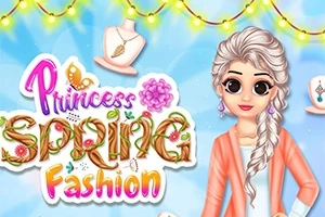 Piirretty prinsessa kevätmuoti-teemaisella taustalla, koristeellinen teksti Princess Spring Fashion ja taustalla kauniit valot