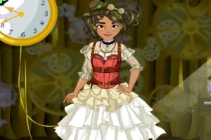 Nuori nainen, jolla on steampunk-tyylinen vaalea röyhelömekko ja punainen korsetti, seisoo kello taustallaan