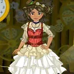 Nuori nainen, jolla on steampunk-tyylinen vaalea röyhelömekko ja punainen korsetti, seisoo kello taustallaan