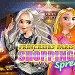 Kaksi nuorta naista seisoo värikkäästi valaistun ostoskeskuksen edessä, teksti Princesses Paris Shopping Spree näkyy edessä