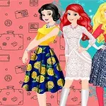 Kolme piirrettyä prinsessaa seisomassa värikkäällä taustalla talvisissa asuissa