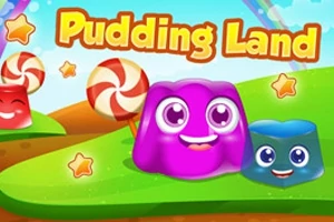 Värikkäitä, hymyileviä hyytelöitä ja karkkikeppejä vihreällä taustalla, yläpuolella teksti Pudding Land