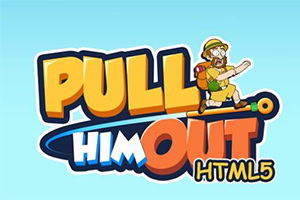 Kirjailtu Pull Him Out HTML5 -logo, jossa on seikkailija hatussa ja repussa