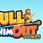 Kirjailtu Pull Him Out HTML5 -logo, jossa on seikkailija hatussa ja repussa