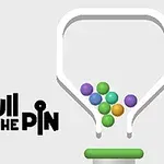 Valkoinen suppilo, jossa on värikkäitä palloja ja teksti Pull the Pin