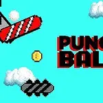 8-bittinen tausta, jossa näkyy pilviä, punainen ja musta taso, keltainen kolikko ja teksti Punch Ball